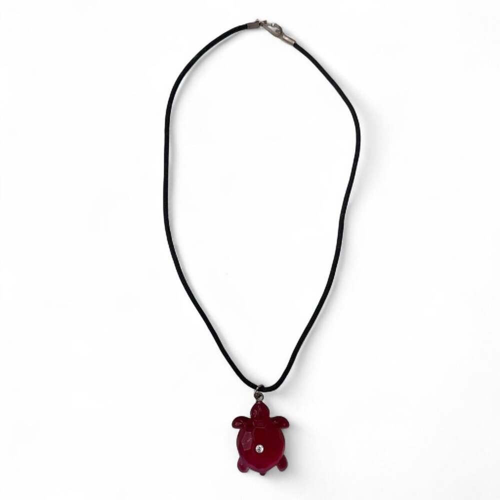 Vintage Red Crystal Turtle Pendant Black Cord Necklace